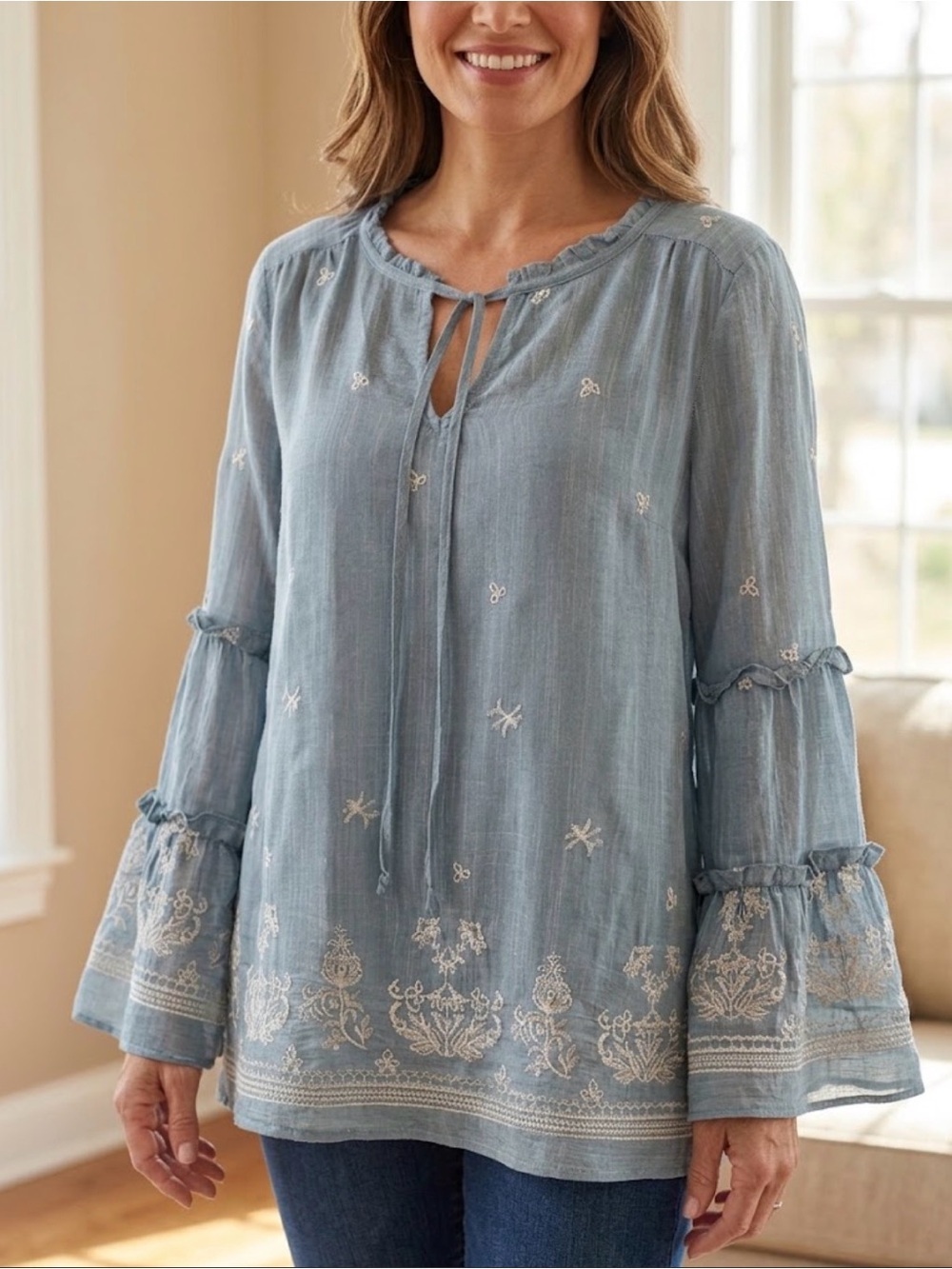 fig and flower Dusty Blue Tiered Bell Sleeve Embroidered Peasant Blouse - Sz sm